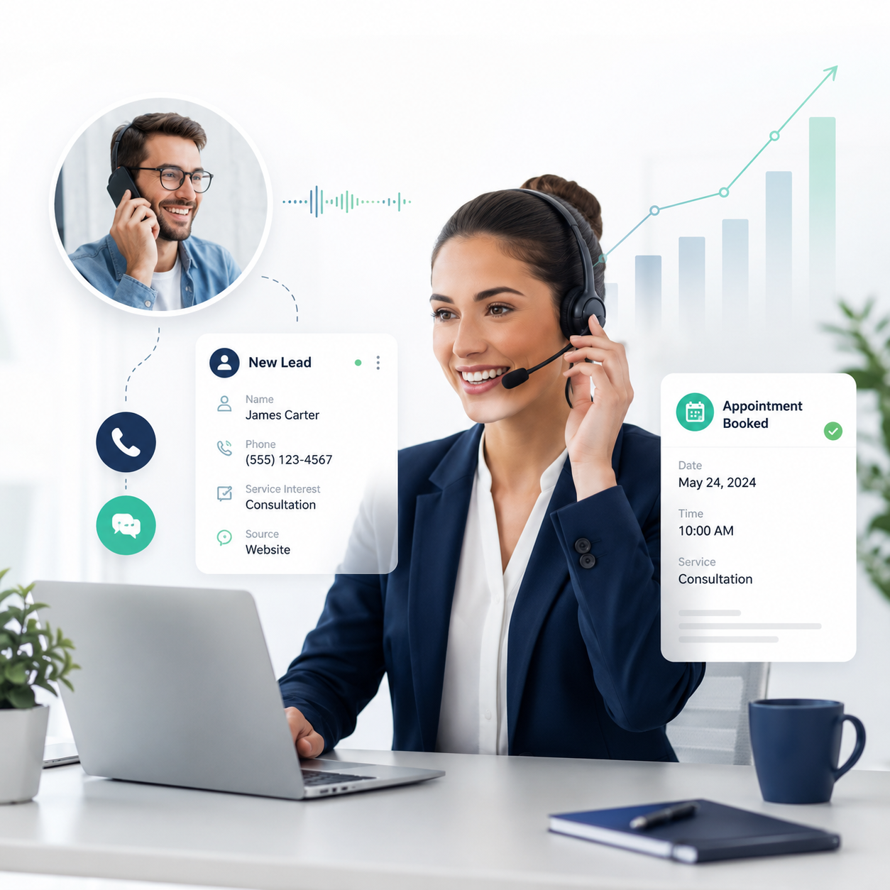 Live receptionist capturing a new lead and booking an appointment to improve close rates