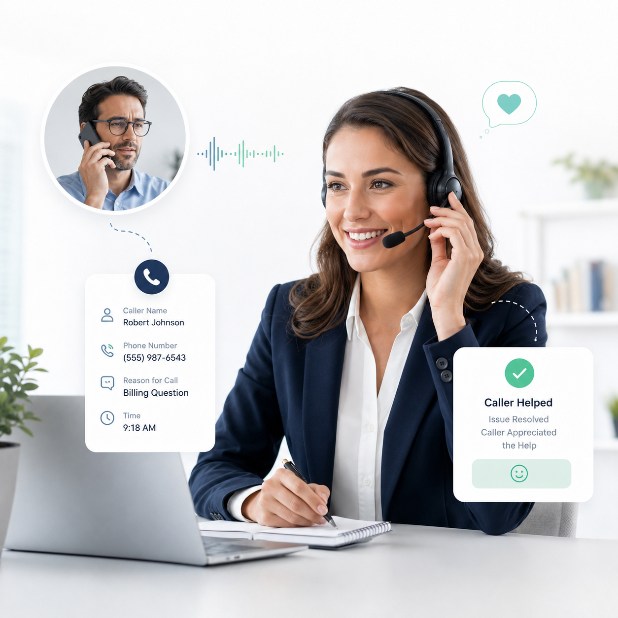 Live receptionist providing real human empathy during a business phone answering call
